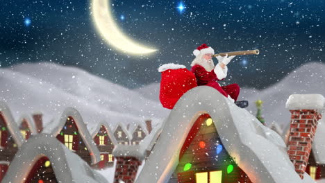 santa clause on a roof of a decorated house in winter scenery combined with falling snow