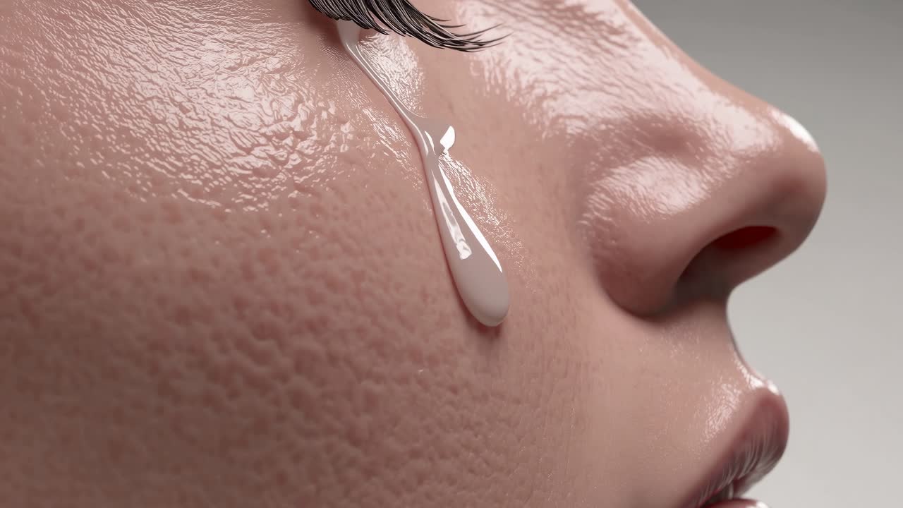 Close-up of a woman's face with a drip of liquid on the skin.