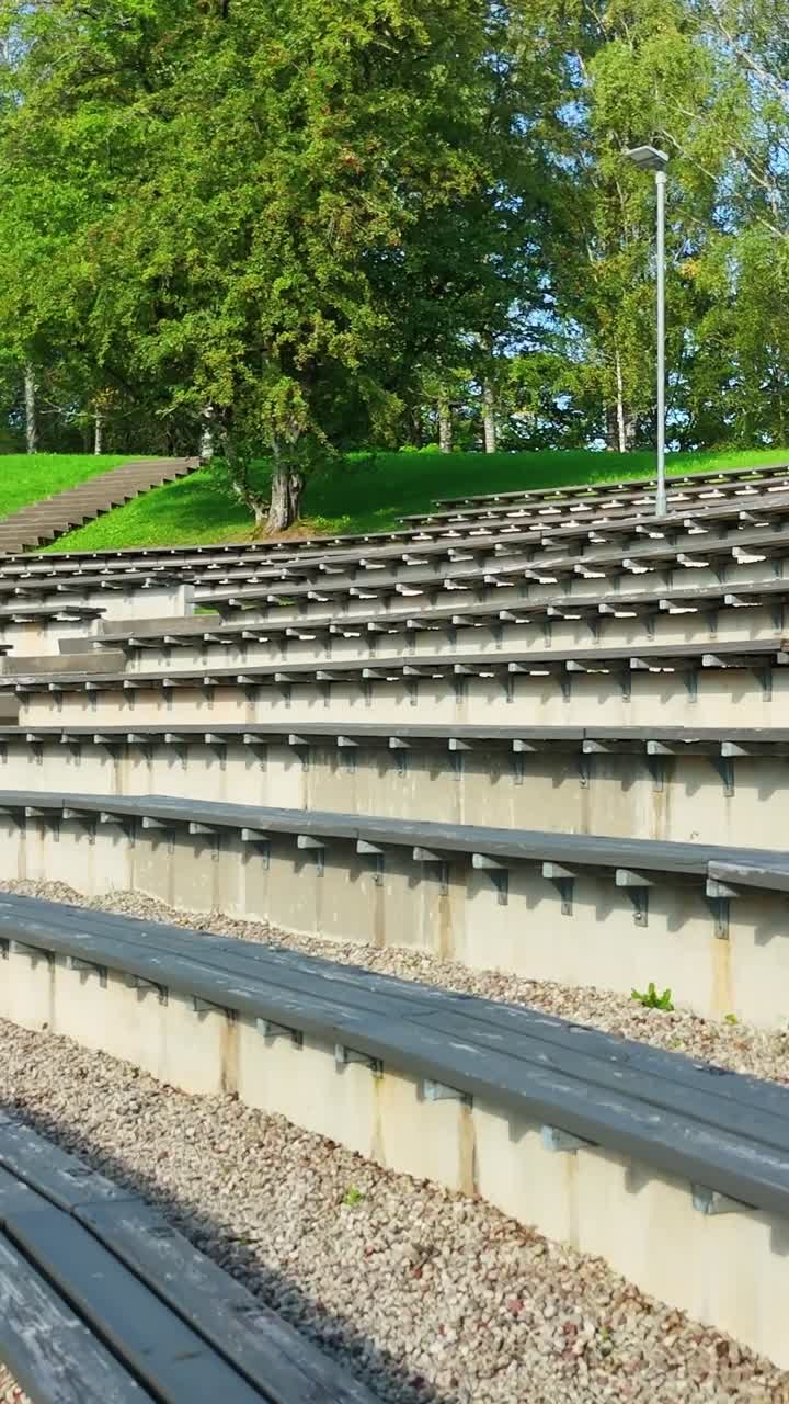 Wood and concrete amphitheater seats curve into a sloped park landscape with trees in the background - vertical view
