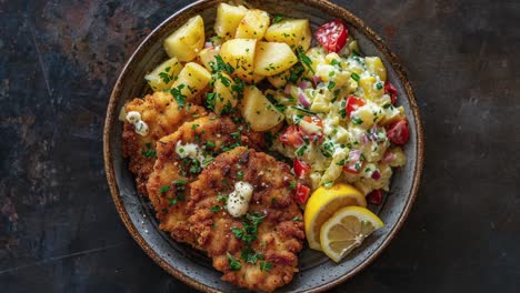 Pollo-Frito-Casero-Con-Patatas-Y-Ensalada-Fresca-Sobre-Mesa-Rústica