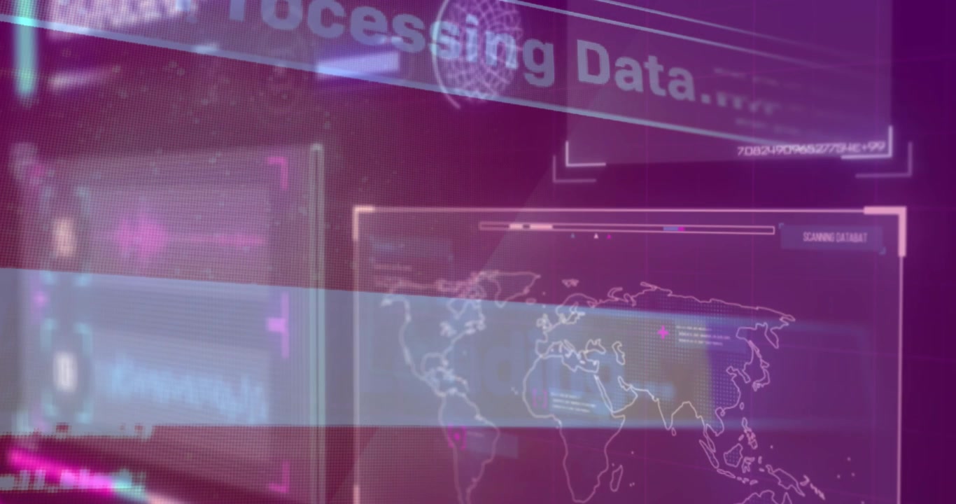 Animation of interface with data processing against purple background