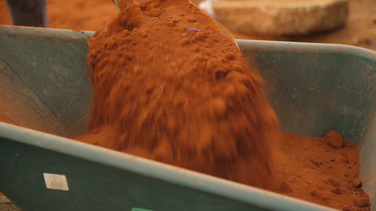 Close up of spades shoveling soil into wheelbarrow