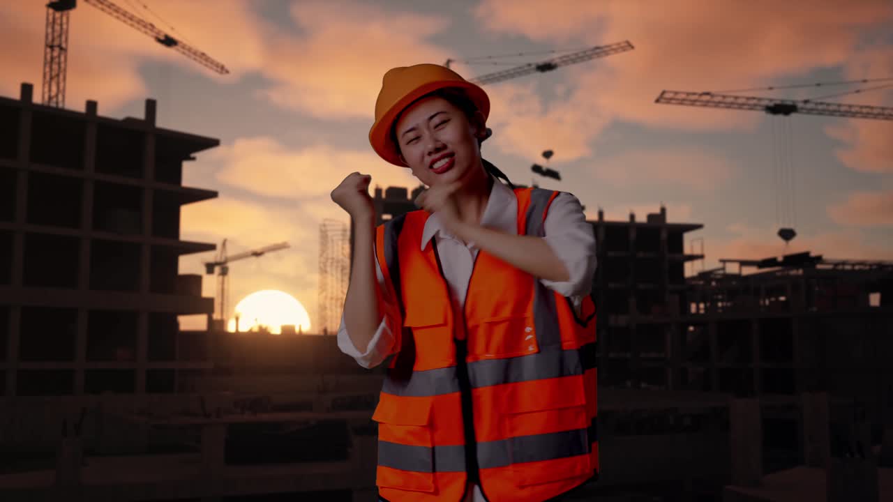 Asian Female Engineer With Safety Helmet Screaming Goal And Dancing Celebrating At Construction Site in Progress to New House