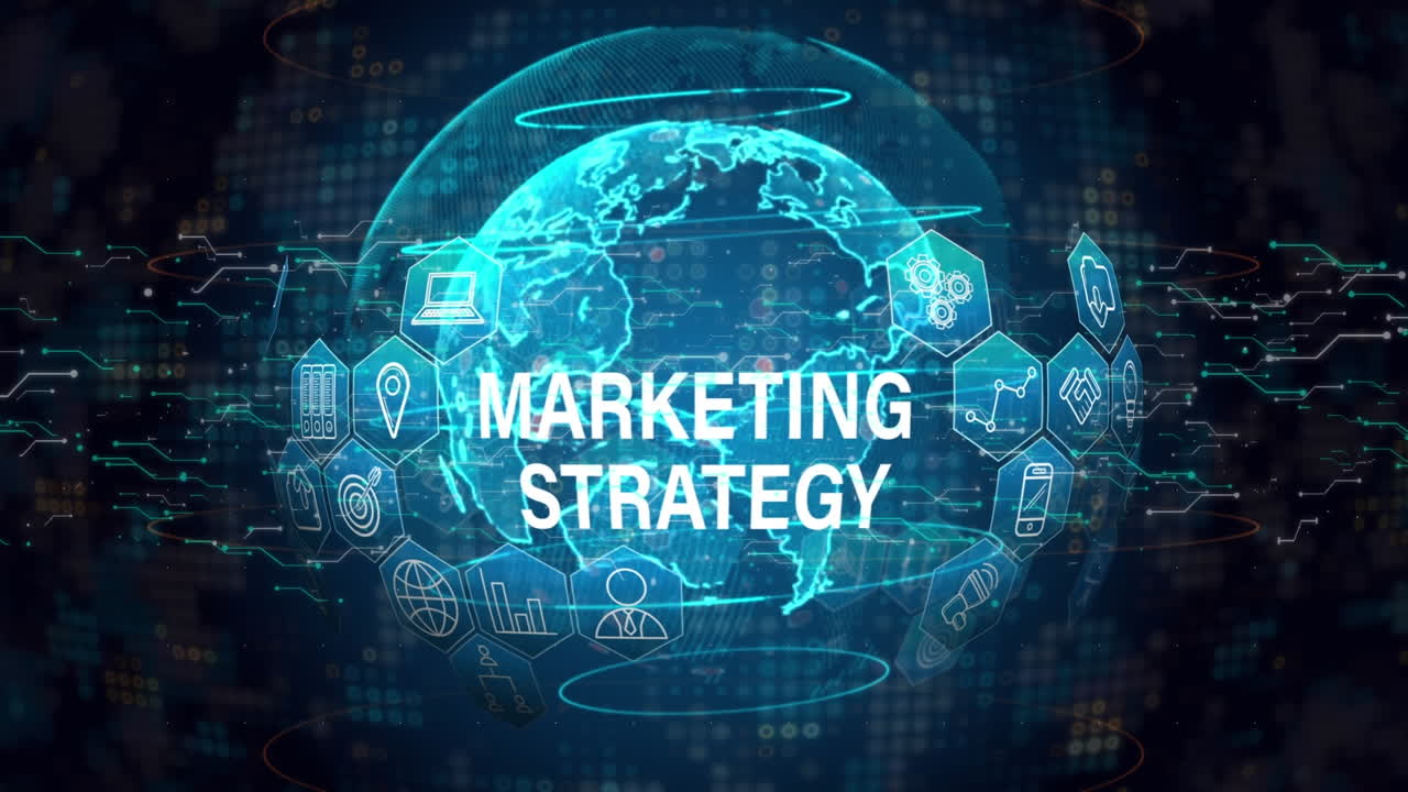 Animazione del testo 'strategia di marketing' su globo e elaborazione dati
