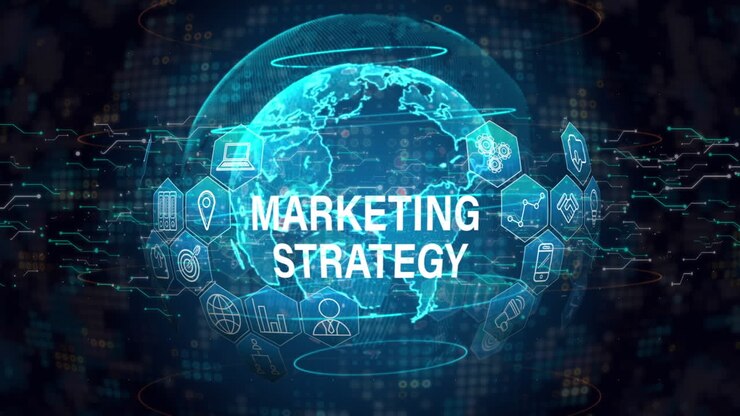 Animazione del testo 'strategia di marketing' su globo e elaborazione dati