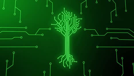 animation of integrated circuit and digital tree on green background