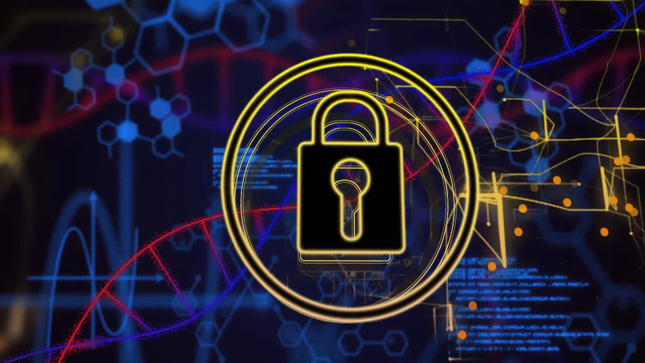 Lock symbol and cybersecurity animation over digital data and network connections