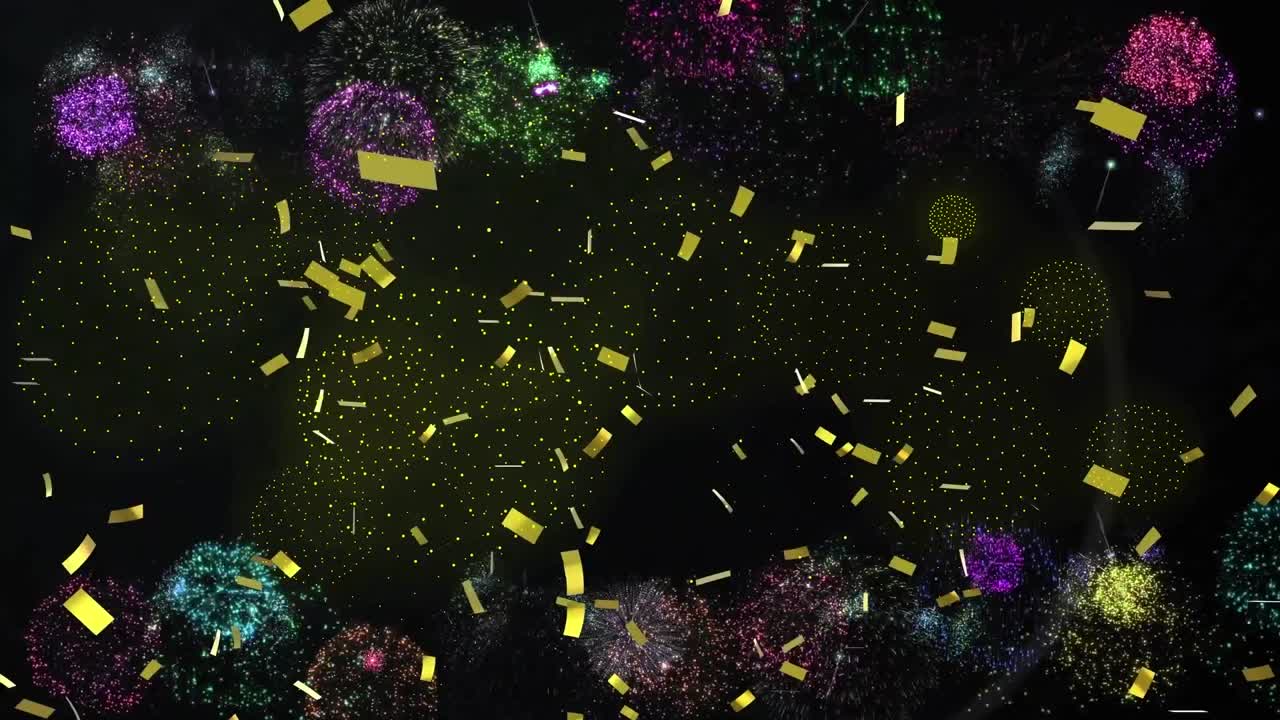Animation of confetti and fireworks on black backrgound