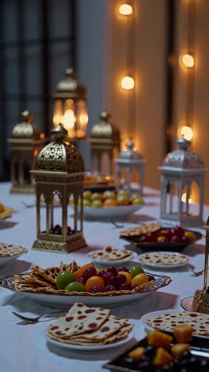 Beautifully arranged table showcasing traditional food, fresh fruits, and ornately designed lanterns, creating a warm and inviting ambiance for Ramadan celebration