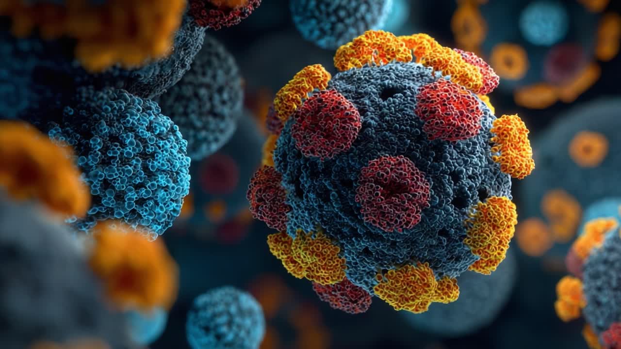 Visualisasi Mikroskopis Detail dari Virus, Menyoroti Struktur Uniknya dan Fitur Permukaan Berwarna-warni, Diambil dalam Dua Bingkai Berbeda untuk Kejelasan yang Ditingkatkan.