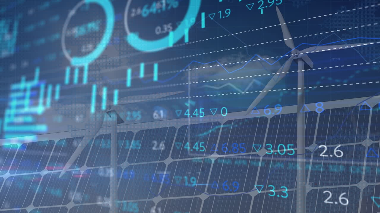 태양 전지 패널과 풍력 터빈에서 데이터 처리의 애니메이션