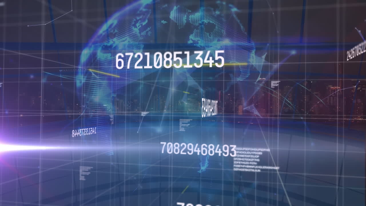 animación de puntos conectados que forman un globo y números que cambian con códigos contra el paisaje urbano