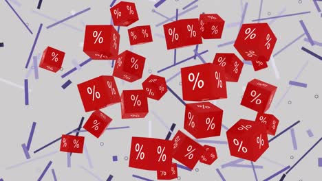 animation of white percent symbol on red cubes, falling over pale pink with scattered purple strips