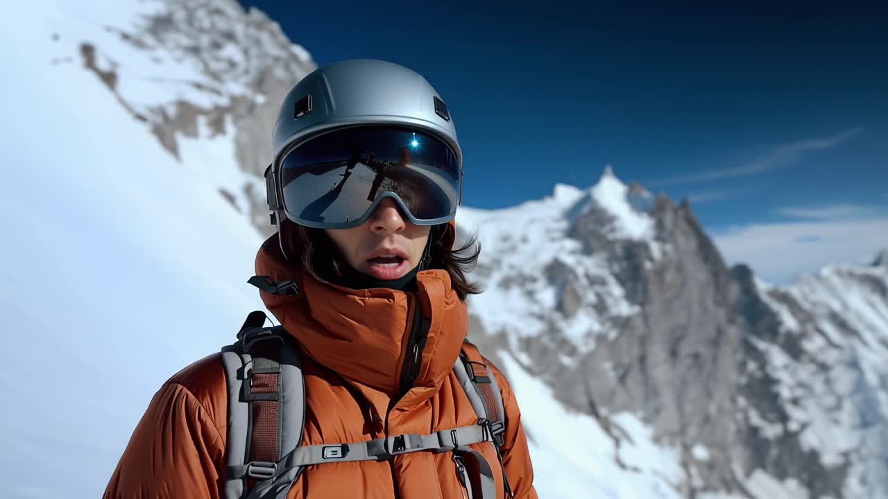 Montagne imponenti si stagliano dietro un alpinista con attrezzatura arancione. Cuffie, occhiali e imbracatura lo proteggono. Guarda a bocca aperta, senza fiato, le cime innevate. La luce del sole brilla sulla neve, nitida e chiara.