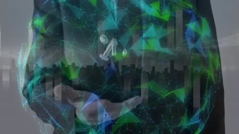 Animation of colourful network rotating over businessman throwing and catching nuts and bolts