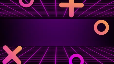 animación de formas abstractas sobre una red de cuadrícula púrpura contra fondos grises con espacio de copia