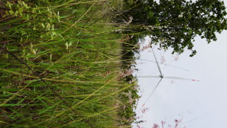 Eine-Rotierende-Windkraftanlage-In-Der-Ferne-Mit-Langem-Gras-Auf-Einem-Feld