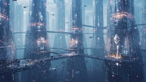 futuristic urban landscape with towering structures and active hubs, showcasing advanced technology, aerial vehicles, and a vibrant, neon cybernetic aesthetic