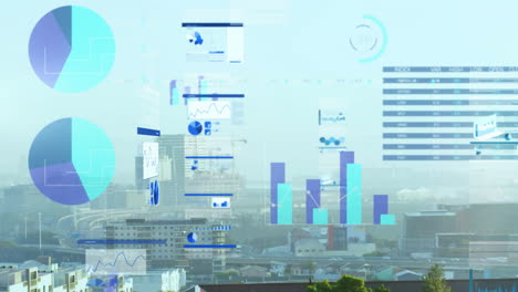 Animation-of-multiple-graphs,-loading-circles-and-trading-board-over-aerial-view-of-modern-buildings