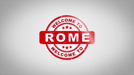 welkom in rome ondertekend stempeltekst houten stempel animatie rode inkt op schoon wit papier oppervlak