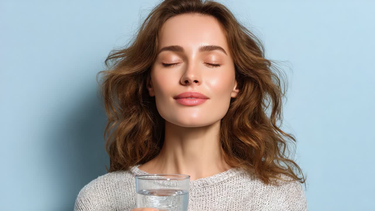 Un momento di serenità: una giovane donna dalla pelle perfetta si gode un rinfrescante bicchiere d'acqua, celebrando l'idratazione e la pace interiore su uno sfondo blu tenue
