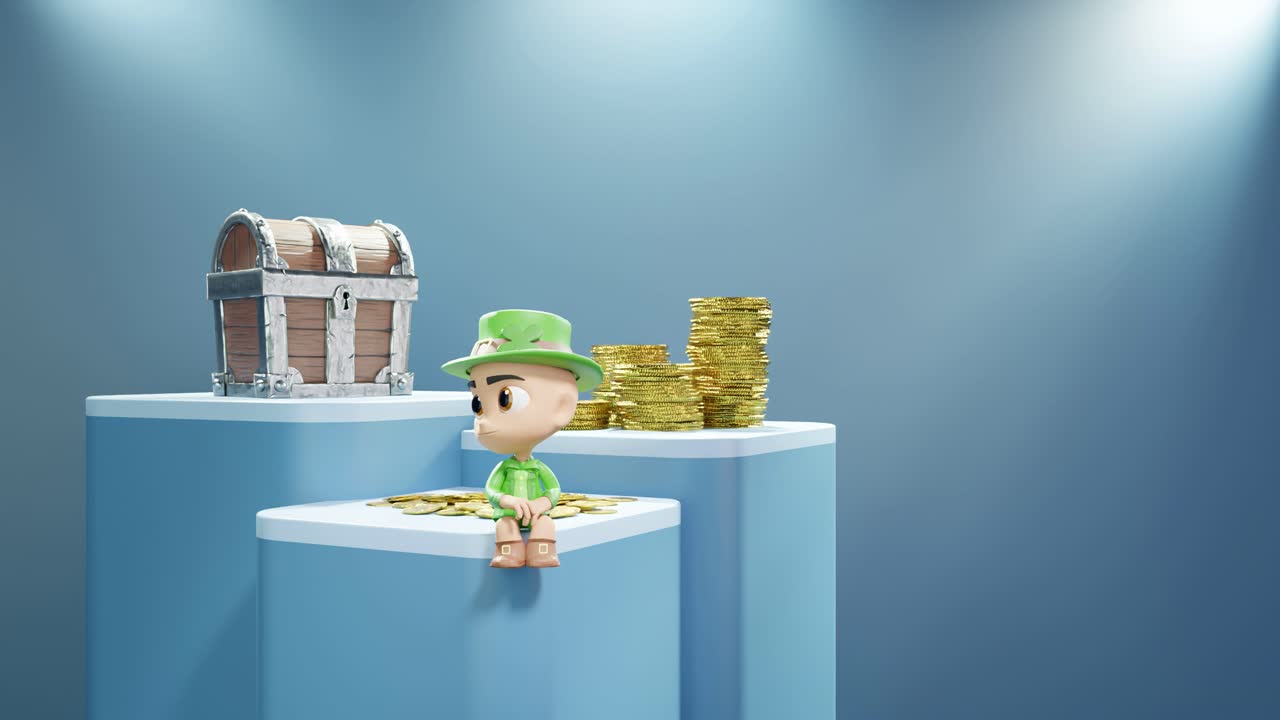 세인트 패트릭 데이 아일랜드 컨셉 아일랜드 난쟁이 제품 온라인 전자 상거래 디스플레이 금 보물과 돈 동전 블루 배경 조명 온라인 판매 상점을 위해 설정