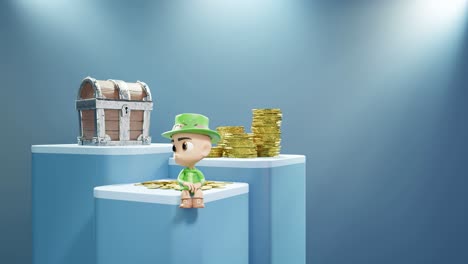 día de san patricio irlanda concepto enano irlandés sentado en un pedestal para el producto exhibición de comercio electrónico en línea con tesoro de oro y moneda de fondo azul iluminación establecida para la tienda de venta en línea