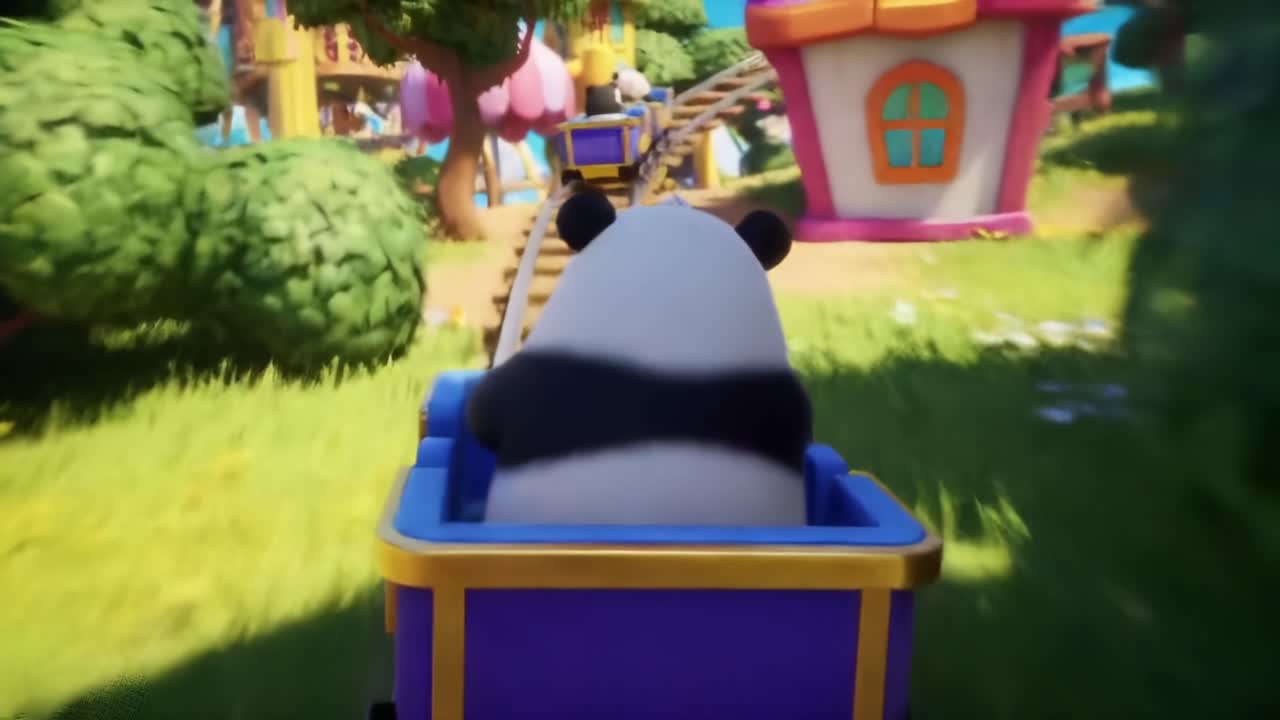 Adventurous Pandas Enjoying a Thrilling Roller Coaster Ride Through a Colorful Amusement Park Surrounded by Lush Trees and Bright Blue Skies