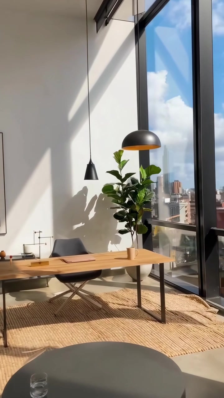Ufficio domestico moderno con vista sulla città e luce naturale