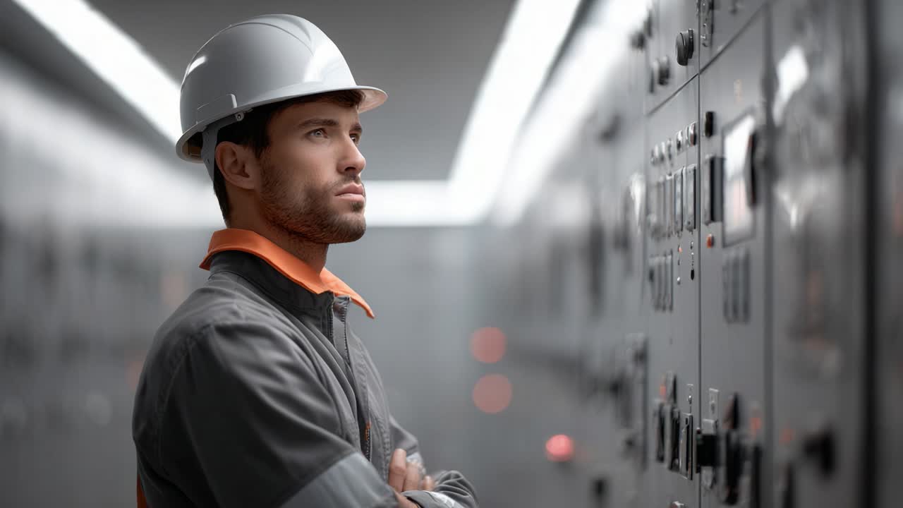 Engineer inspecting electrical control panel in industrial setting