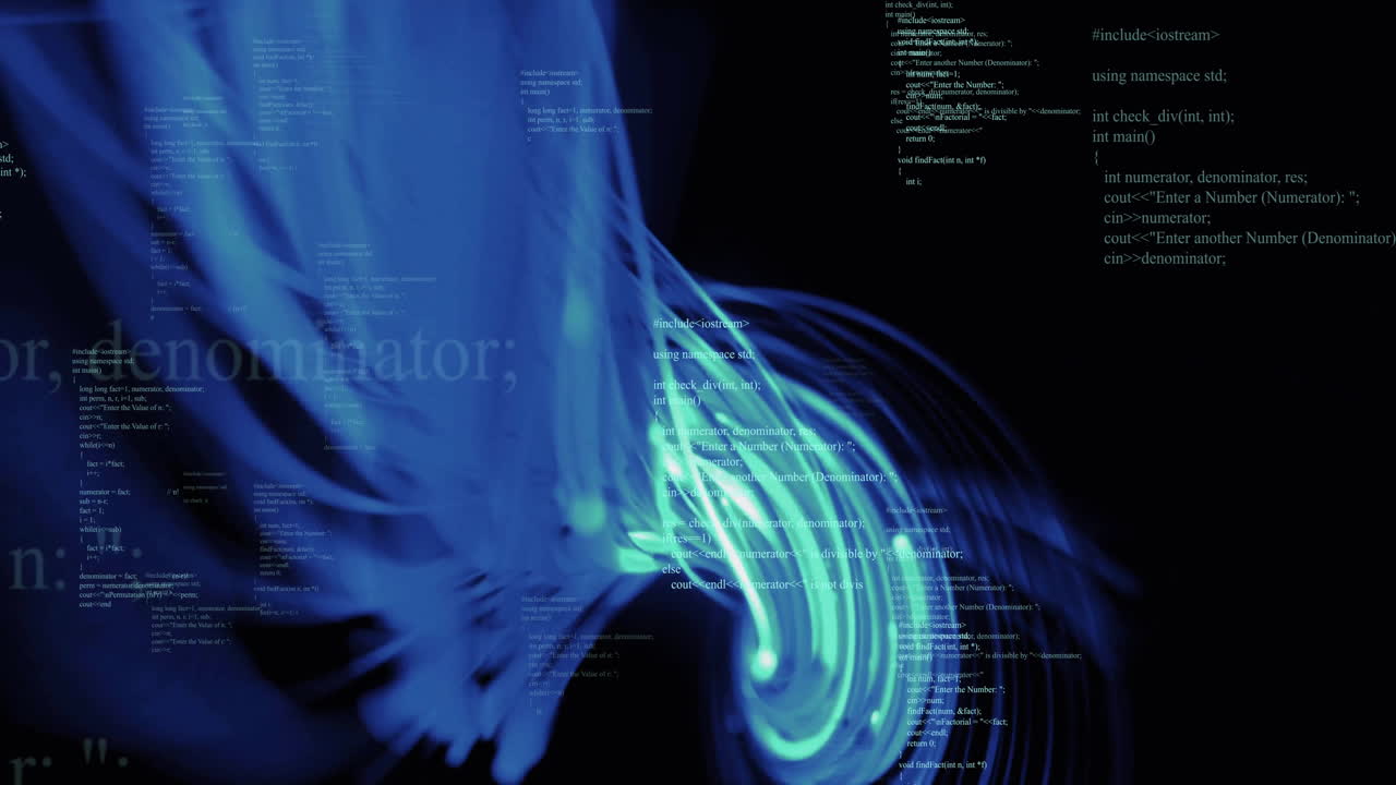 Animation of blue trail over data processing on black background