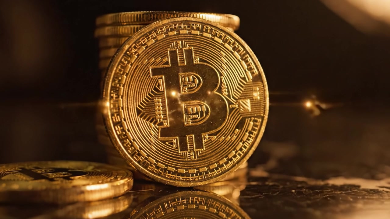 Uma Pilha Brilhante de Moedas Bitcoin Refletindo Luz e Valor, Mostrando o Fenômeno da Moeda Digital e Sua Crescente Popularidade nas Finanças Modernas