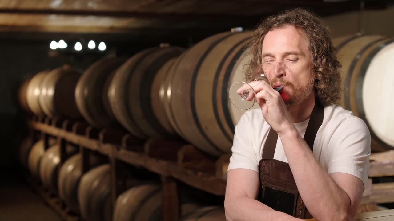 Authentic shot of successful male sommelier is tasting a flavor and checking white wine quality poured in transparent glass in a wine cellar.