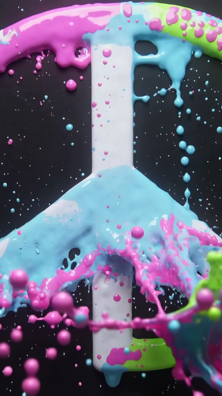 Vertical video: Pouring cyan pink neon green paint hitting white peace sign set, forming wet drips