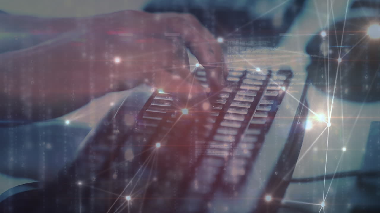키보드에 글을 쓰는 백인 남자의 손을 통해 연결 네트워크의 애니메이션