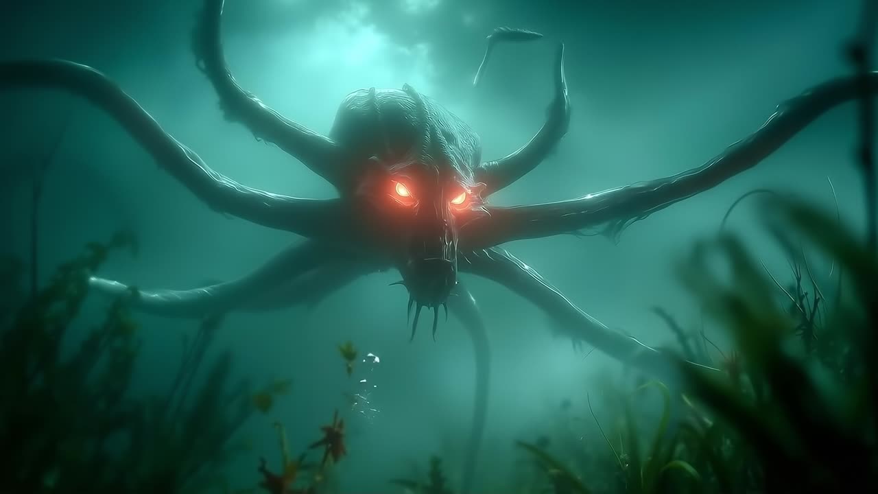 An octopus with red eyes in the middle of the ocean