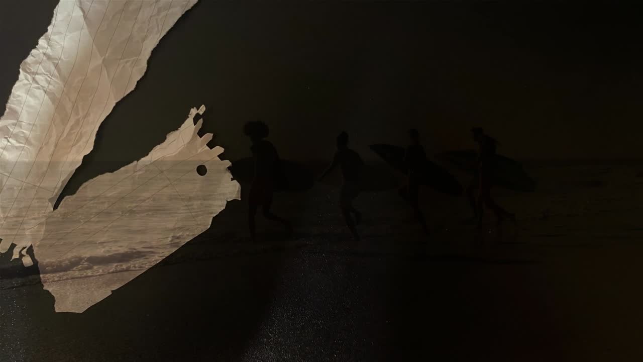 Koleksi gambar yang menggambarkan orang-orang dan papan selancar di pantai