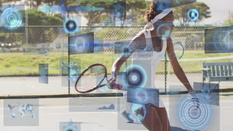players swinging rackets in tennis rally outdoors, overlaying tech graphs and tracking metrics