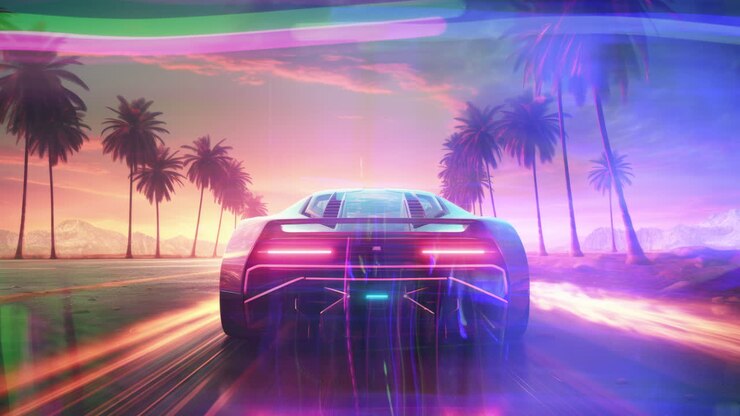 cars of cyberpunk road scene with palm tree in AI
