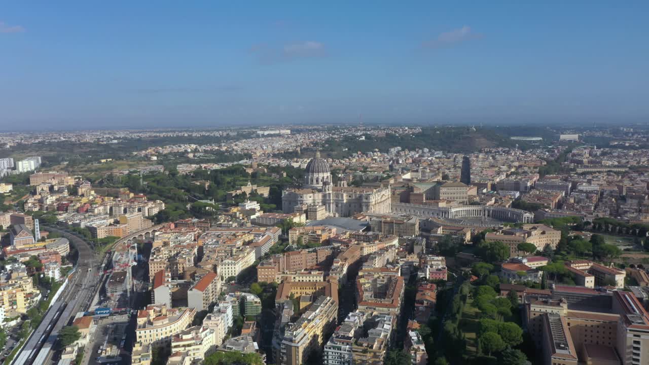 Aerial flying towards St. Peter’s Basilica, its majestic dome, and the vast Piazza San Pietro, symbolizing the heart of the Catholic Church and Rome’s timeless beauty