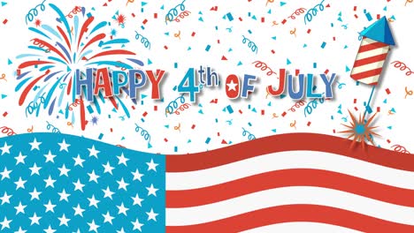 dynamic animation with fireworks, american flag, and celebratory text in red, white, and blue colors