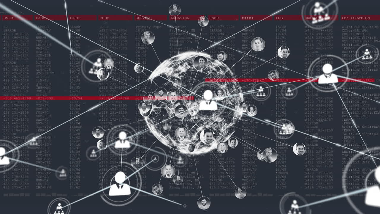 animación de la red de conexiones con iconos en todo el mundo y procesamiento de datos en fondo negro