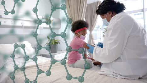 animación de la estructura del elemento sobre la mujer médica afroamericana vacunando a la niña paciente