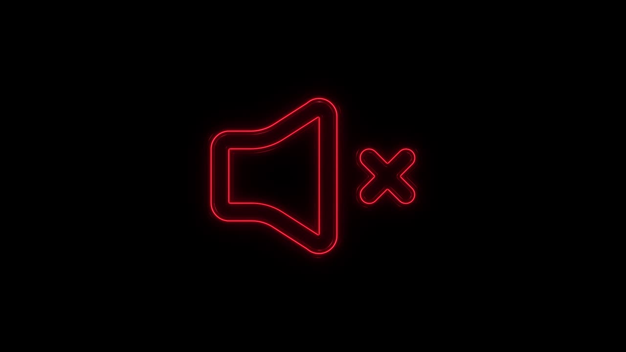 빛나는 네온 라인 스피커: 검은 바탕에 고립된 무음 아이콘, 사운드 아이콘이 없습니다, 볼 오프 기호.