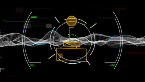 animation of geometric shapes and waveforms on black background, digital interface