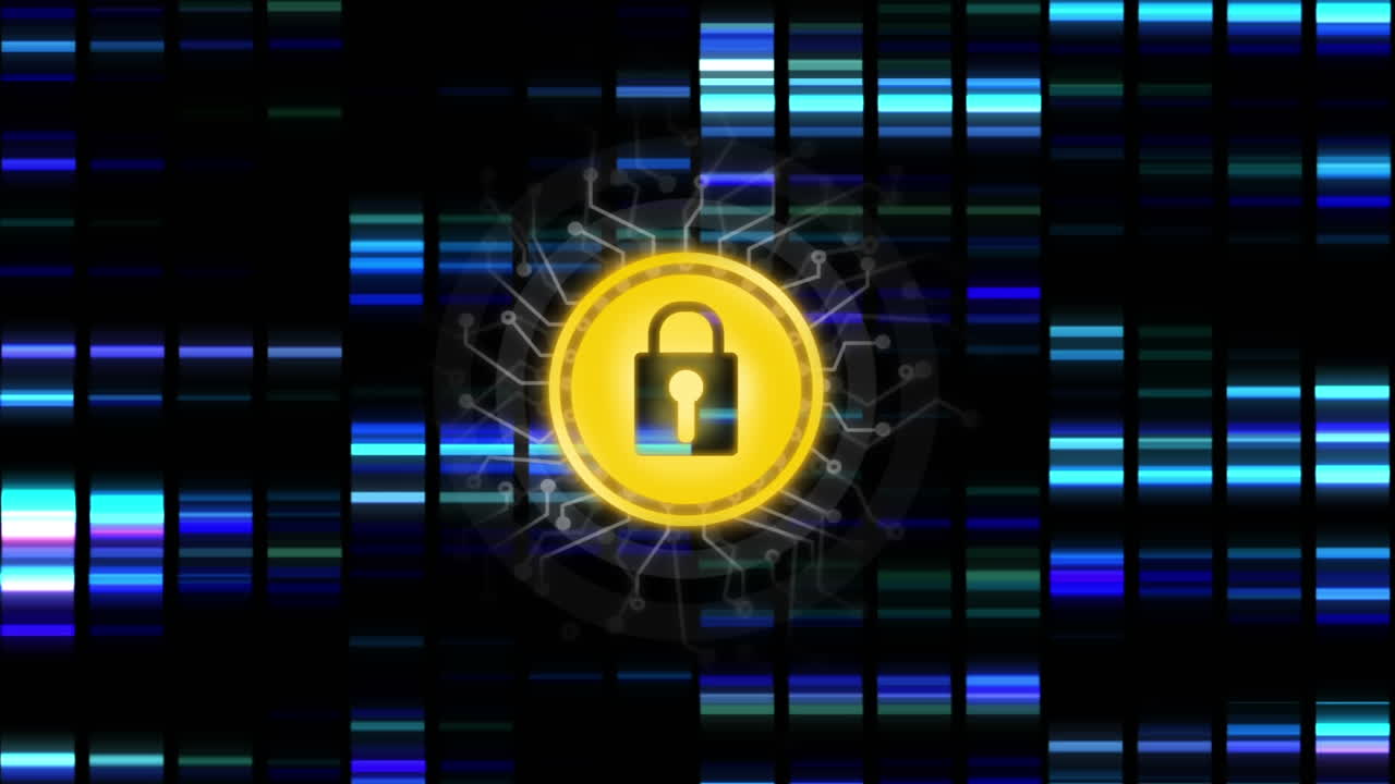 animación de la red de conexiones con candado de seguridad en línea sobre fondo oscuro
