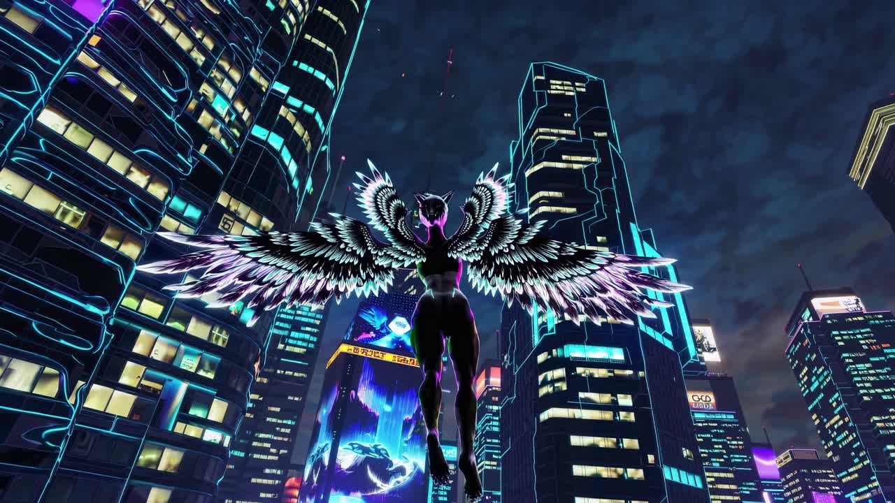 Cyberpunk Angel in a Neon City