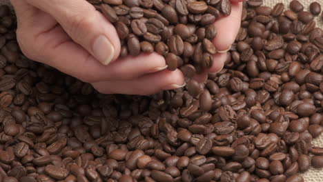 Woman's-hand-giving-roasted-coffee-beans