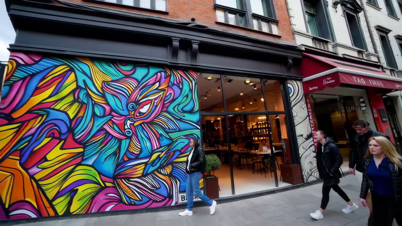 European City Street with Shops and Graffiti