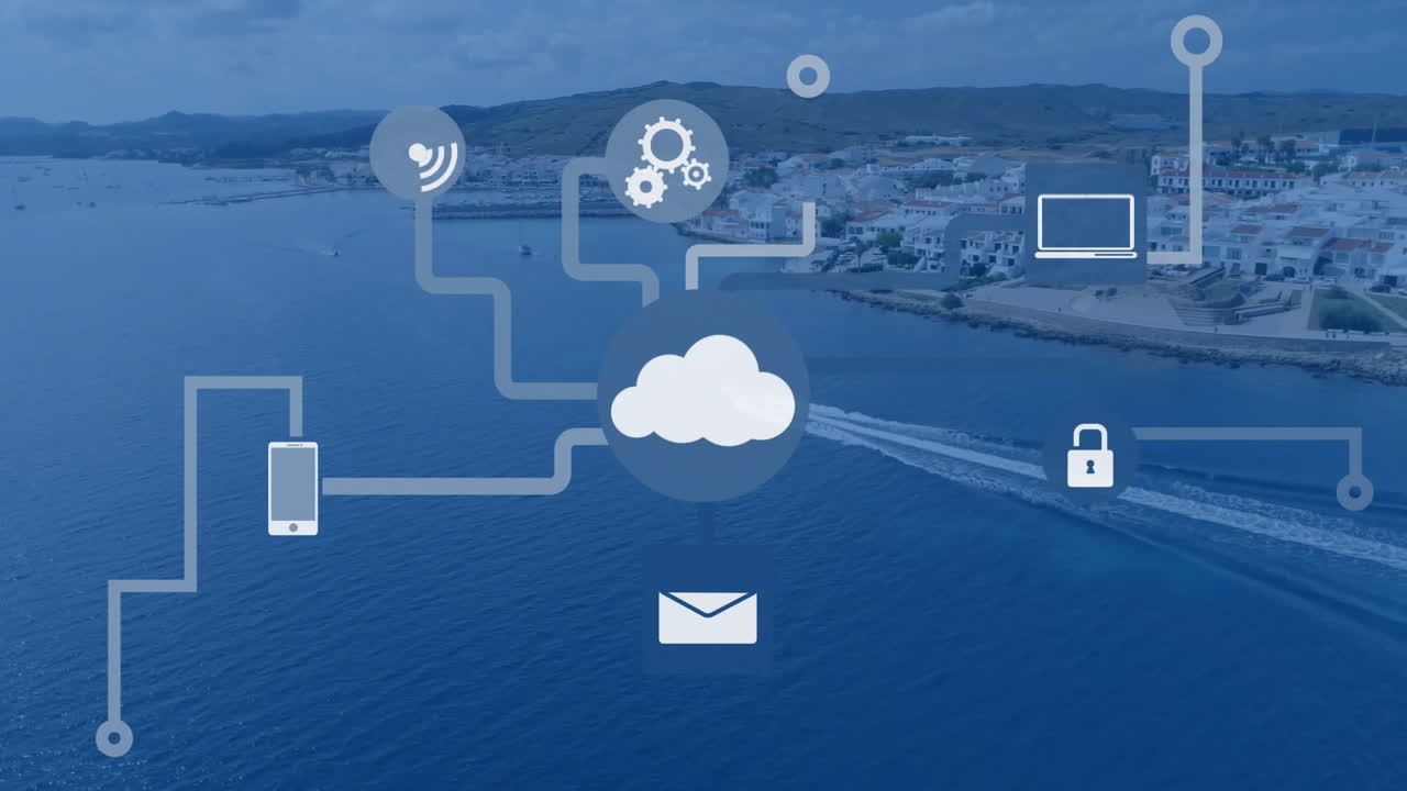 Animation of media icons with connections over cityscape